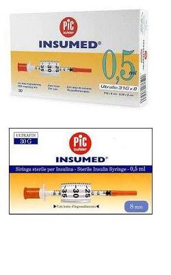 SIRINGA PER INSULINA PIC INSUMED 0,5 ML 100 UI AGO GAUGE 30 LUNGHEZZA 8 MM SENZA SPAZIO MORTO 3 SACCHETTI DA 10 PEZZI - farmachicca