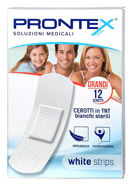 CEROTTO PRONTEX WHITE STRIPS IN TESSUTO NON TESSUTO BIANCO STERILE SCATOLA 12 CEROTTI GRANDI - farmachicca