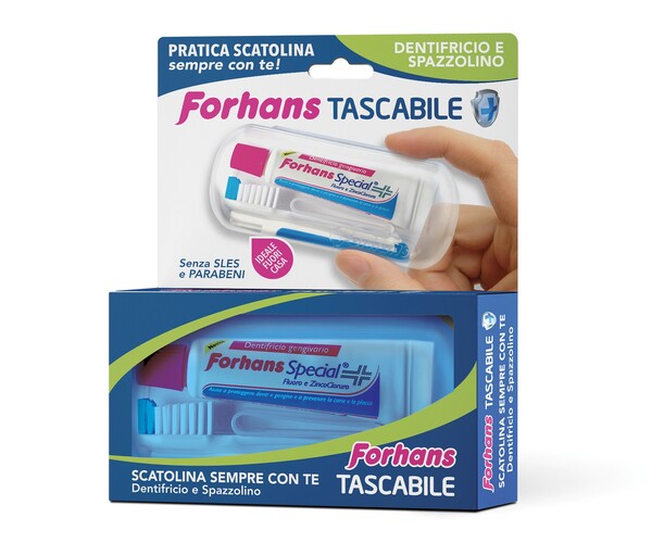 FORHANS TRAVEL KIT TASCABILE COMPOSTO DA SPAZZOLINO DA VIAGGIO + FORHANS SPECIAL PASTA DENTIFRICIA TUBETTO 12,5 ML - farmachicca