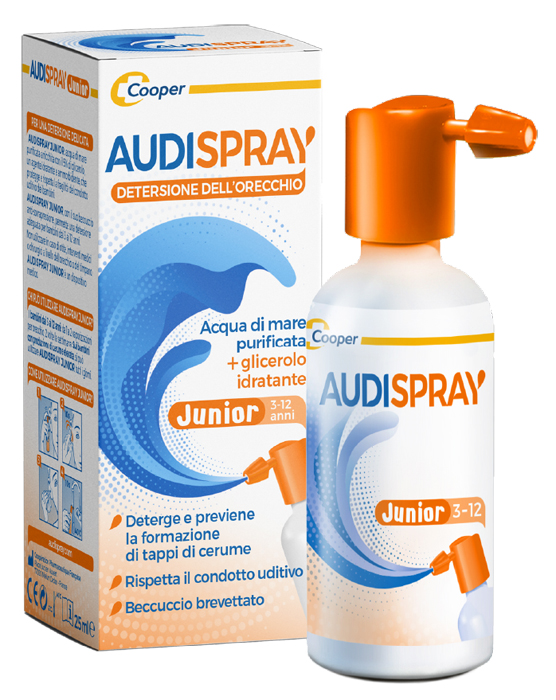 AUDISPRAY JUNIOR 3-12 ANNI SOLUZIONE DI ACQUA DI MARE IPERTONICA SPRAY SENZA GAS IGIENE ORECCHIO 25ML - farmachicca
