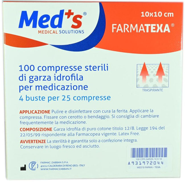 GARZA COMPRESSA IDROFILA MEDS FARMATEXA 2/8 10X10CM 100 PEZZI - farmachicca