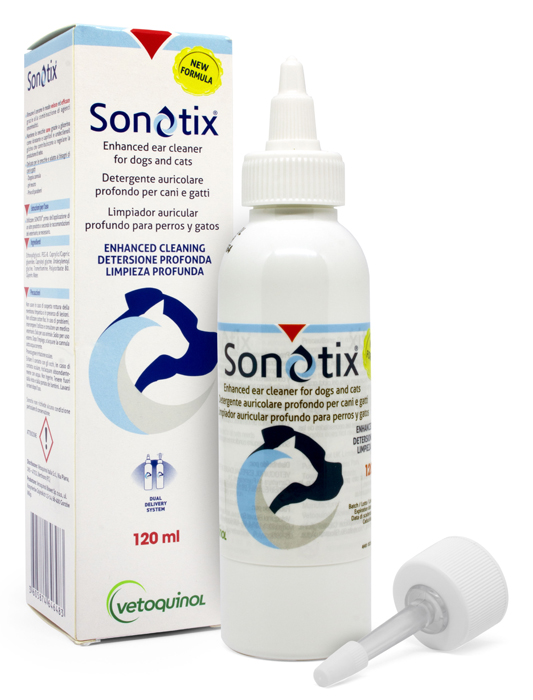 SONOTIX DETERGENTE AURICOLARE PROFONDO CANI E GATTI FLACONE 120 ML + CANNULA CORTA RIGIDA + CANNULA LUNGA FLESSIBILE - farmachicca
