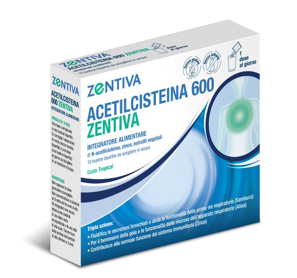 ACETILCISTEINA 600 ZENTIVA 10 BUSTINE BIPARTITE GUSTO TROPICAL - farmachicca