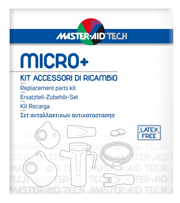 MASTER AID TECH MICRO+ KIT ACCESSORI DI RICAMBIO: AMPOLLA + MASCHERA ADULTI + MASCHERA BAMBINI + 2 FILTRI ARIA + BOCCAGLIO + FORCELLA NASALE + TUBO RACCORDO PVC - farmachicca