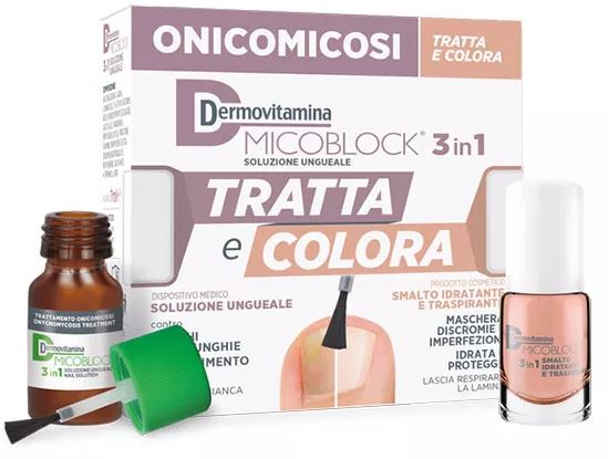DERMOVITAMINA MICOBLOCK 3 IN 1 TRATTA E COLORA SOLUZIONE UNGUEALE 7 ML + SMALTO IDRATANTE TRASPIRANTE 5 ML - farmachicca