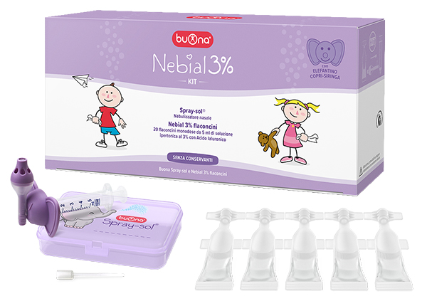 NEBIAL 3% KIT 20 FLACONCINI MONODOSE 5ML SOLUZIONE IPERTONICA CON ACIDO IALURONICO + NEBULIZZATORE SPRAY-SOL - farmachicca