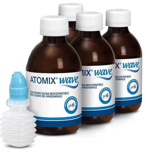 ATOMIX WAVE DISPOSITIVO PER IGIENE RINOFARINGEA ATOMIX SOLUZIONE SALINA 4 FLACONI DA 250 ML - farmachicca