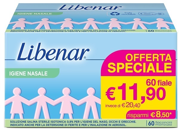 SOLUZIONE SALINA ISOTONICA 0,9% LIBENAR PER IGIENE NASALE 60 FLACONCINI MONOUSO X 5 ML - farmachicca