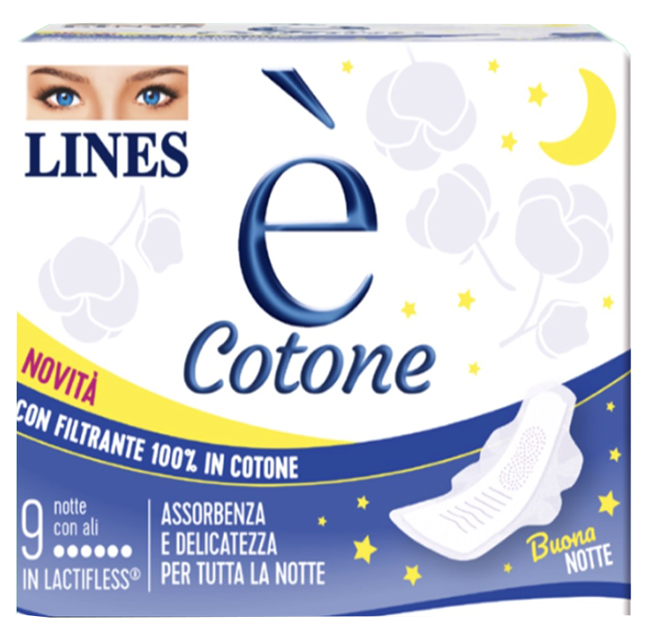 LINES E' COTONE ALI ASSORBENTE ESTERNO NOTTE 9 PEZZI - farmachicca