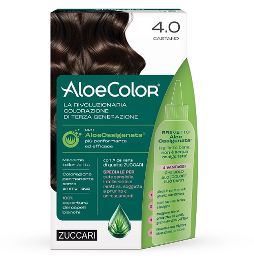 ALOECOLOR 4,0 CASTANO TINTA PERMANENTE CAPELLI COLORE AD ALTA PIGMENTAZIONE 50 ML + RIVELATORE ALOEOSSIGENATA 75 ML + SHAMPOO ALOECARE 15 ML + GUANTI - farmachicca