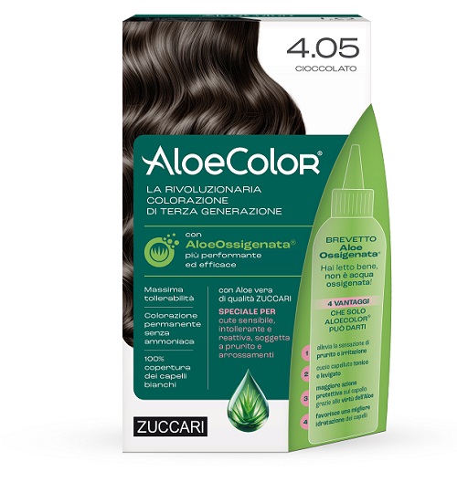 ALOECOLOR 4,05 CIOCCOLATO TINTA PERMANENTE CAPELLI COLORE AD ALTA PIGMENTAZIONE 50 ML + RIVELATORE ALOEOSSIGENATA 75 ML + SHAMPOO ALOECARE 15 ML + GUANTI - farmachicca