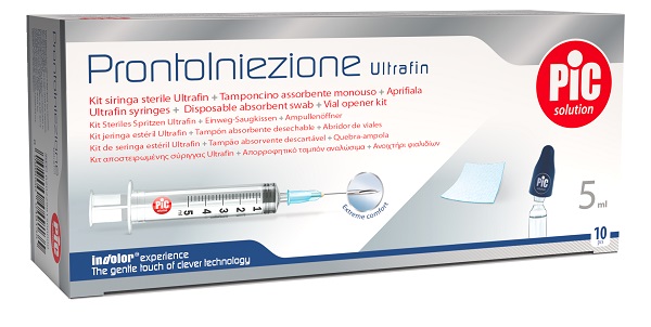 PRONTOINIEZIONE ULTRAFIN KIT SIRINGA STERILE 5 ML GAUGE 23 10 PEZZI + TAMPONCINO ASSORBENTE MONOUSO + APRIFIALA - farmachicca
